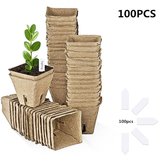 100 Seed Starter Peat Trays with 100 Plastic Plant Labels