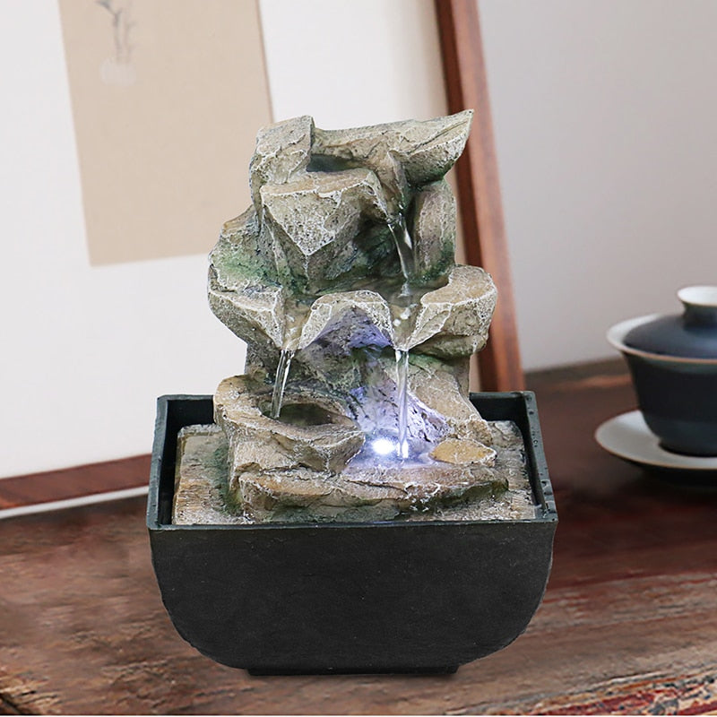 Tabletop Fountain With LED Lights - 3-Step Rock Falls Indoor Waterfall Feature (3501)