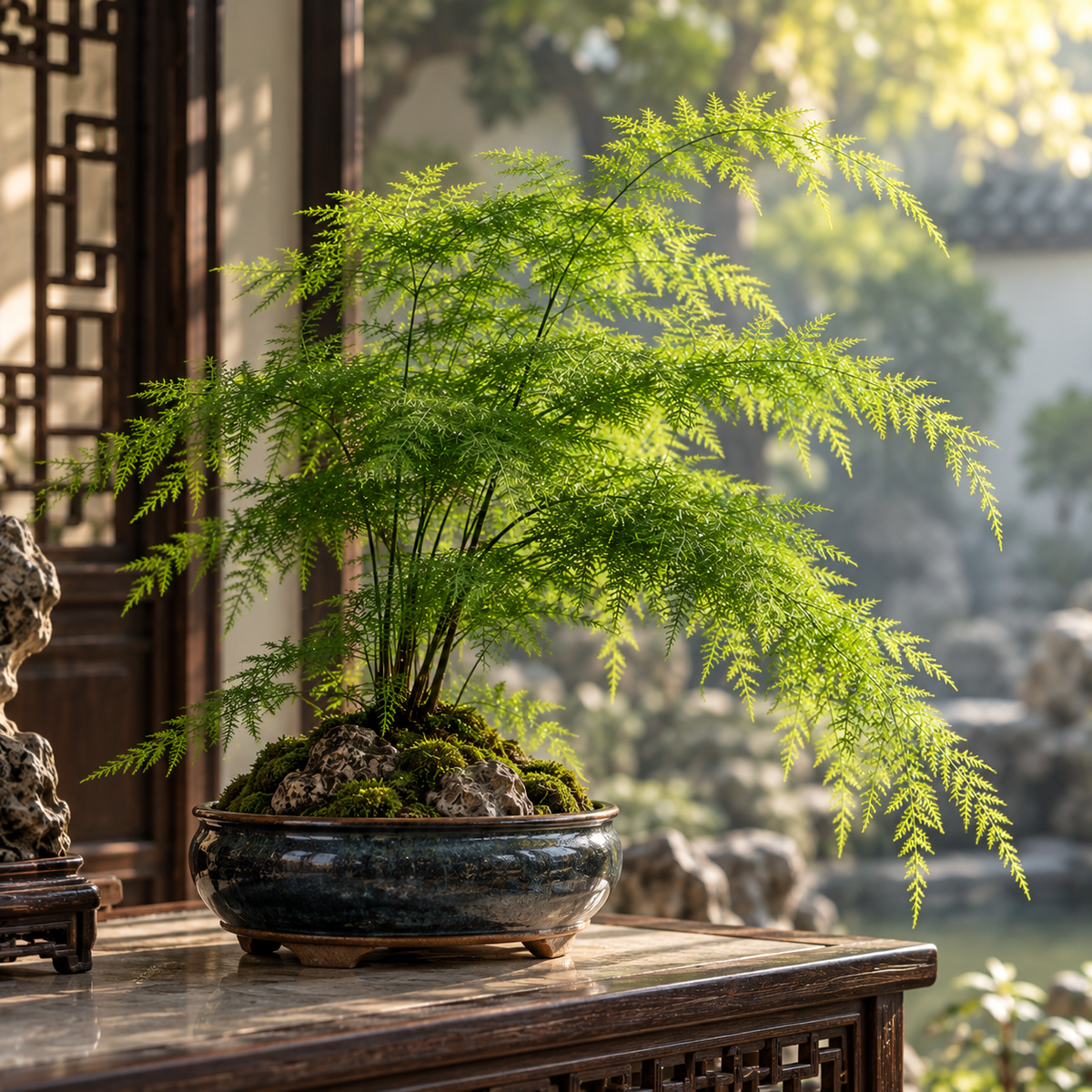 Asparagus fern bonsai in a tranquil Chinese-style garden