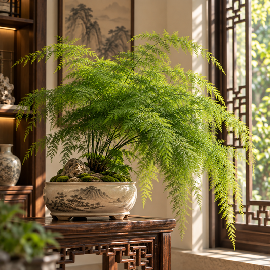Asparagus fern bonsai in a sunlit Zen garden display
